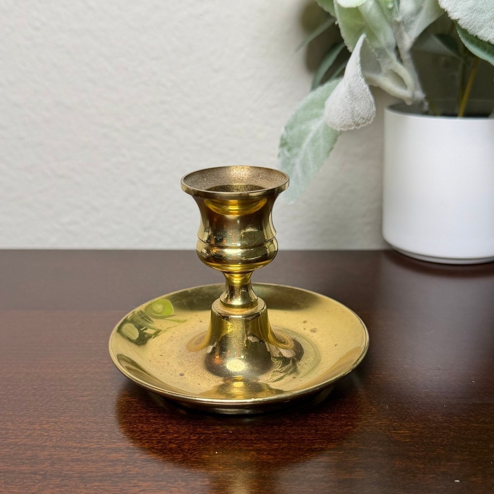 Vintage Solid Brass Taper Candlestick Holder Polished Gold Finish 3 Inch Tall‎